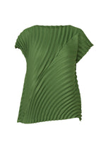 The CIRCLE PLEATS PB by ISSEY MIYAKE is a short-sleeved green top with handmade diagonal pleats. This loose, round-neck blouse offers a modern, sculptural look and unique texture. - DARK GREEN （no.63）