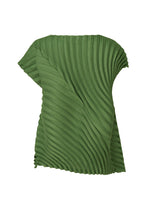 The CIRCLE PLEATS PB by ISSEY MIYAKE is a green, short-sleeved top with handmade pleats, an asymmetrical and sculptural design, diagonal folds, and a round neckline, shown on a plain white background.