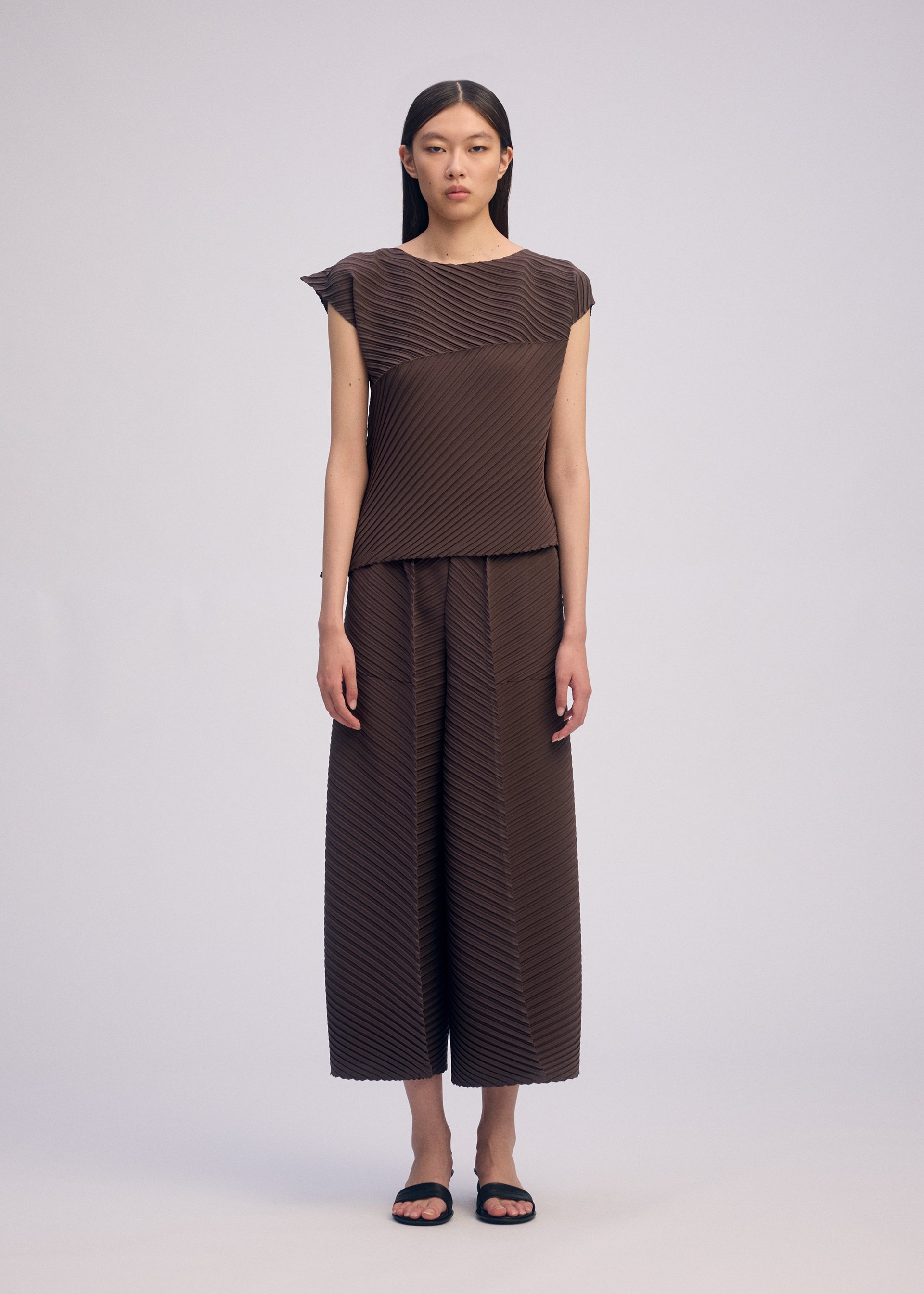Zoomed view A woman faces forward in the ISSEY MIYAKE PLASTER PLEATS SOLID set, featuring a brown box-pleat short-sleeve top and wide-leg pants. She wears black sandals, has straight dark hair, and stands against a plain light background.