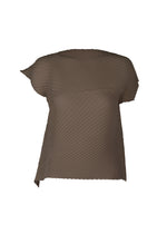 The ISSEY MIYAKE PLASTER PLEATS SOLID is a brown, asymmetrical off-shoulder crêpe de Chine top with pleated diagonal stripes and an uneven hem, crafted from recycled polyester, shown against a white background. - DARK BROWN （no.45）