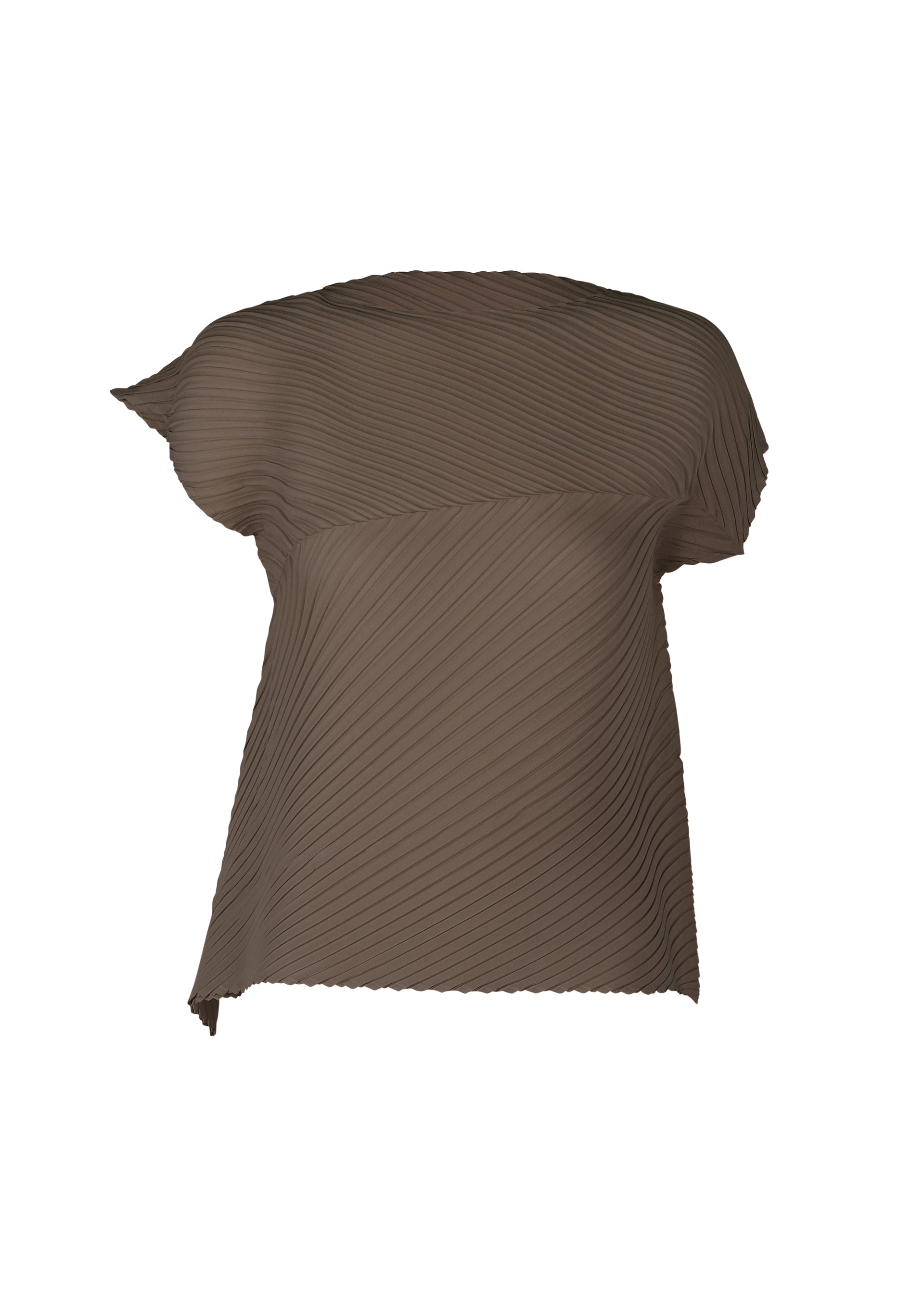 Zoomed view The ISSEY MIYAKE PLASTER PLEATS SOLID is a brown, asymmetrical off-shoulder crêpe de Chine top with pleated diagonal stripes and an uneven hem, crafted from recycled polyester, shown against a white background. - DARK BROWN （no.45）