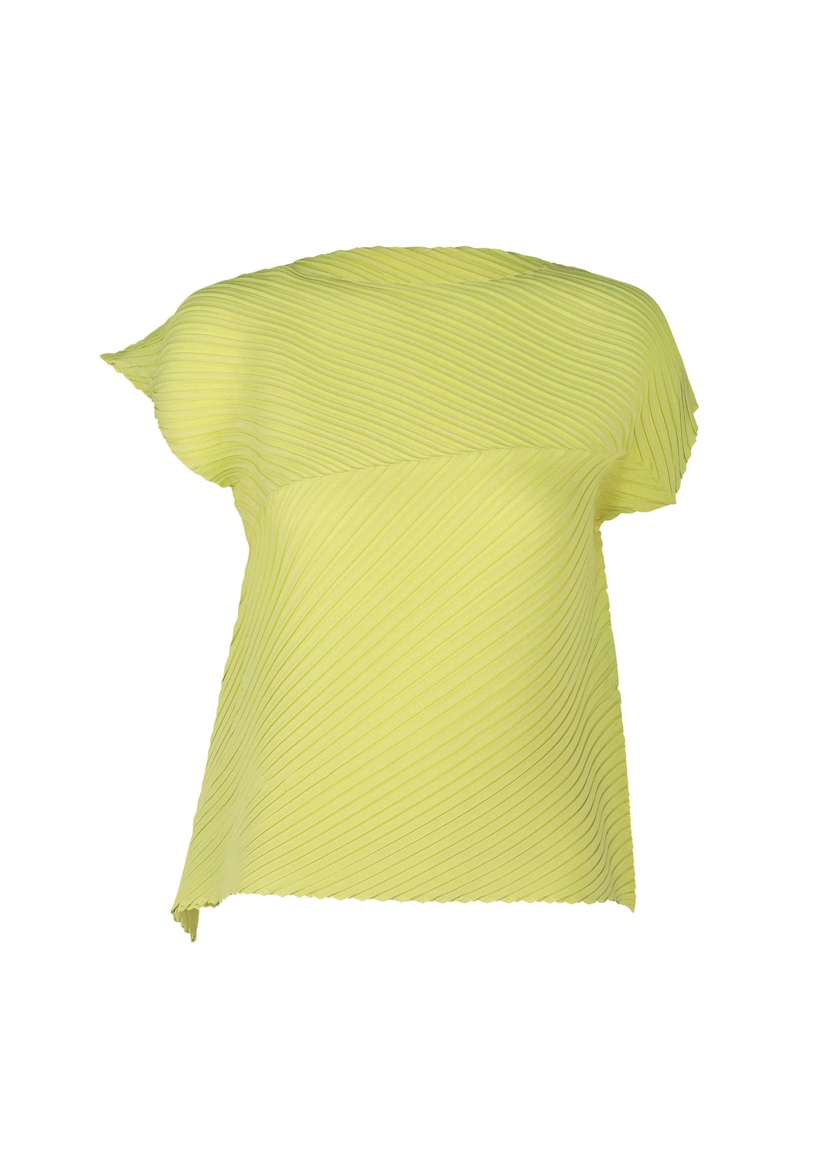 The ISSEY MIYAKE PLASTER PLEATS SOLID is a light yellow, asymmetrical crêpe de Chine top with diagonal pleats and an uneven hem, made from recycled polyester and shown against a white background. view 3 of 7
