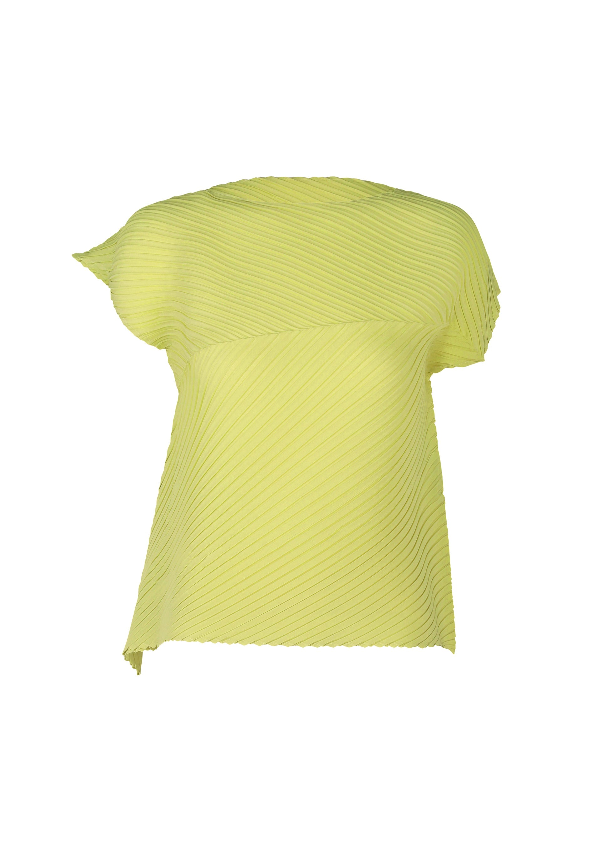 Zoomed view The ISSEY MIYAKE PLASTER PLEATS SOLID is a light yellow, asymmetrical crêpe de Chine top with diagonal pleats and an uneven hem, made from recycled polyester and shown against a white background. - LIGHT GREEN （no.61）