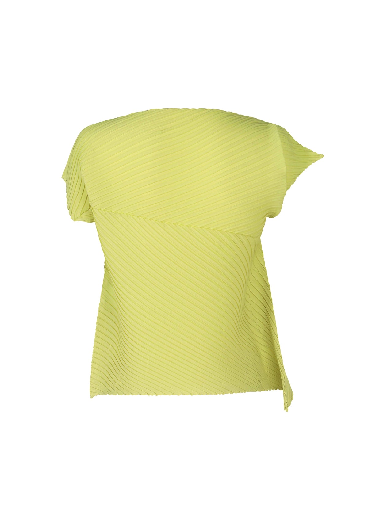 The ISSEY MIYAKE PLASTER PLEATS SOLID is a light yellow, asymmetrical crêpe de Chine top with diagonal lines, a one-shoulder design, box pleats, and a pointed hem on one side. view 4 of 7