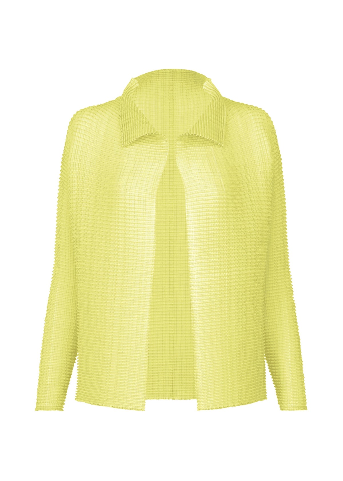 The WOOLY PLEATS-66 by ISSEY MIYAKE is a light yellow, long-sleeved, open-front pleated cardigan with a textured ribbed pattern and wide collar, shown against a white background. view 2 of 7
