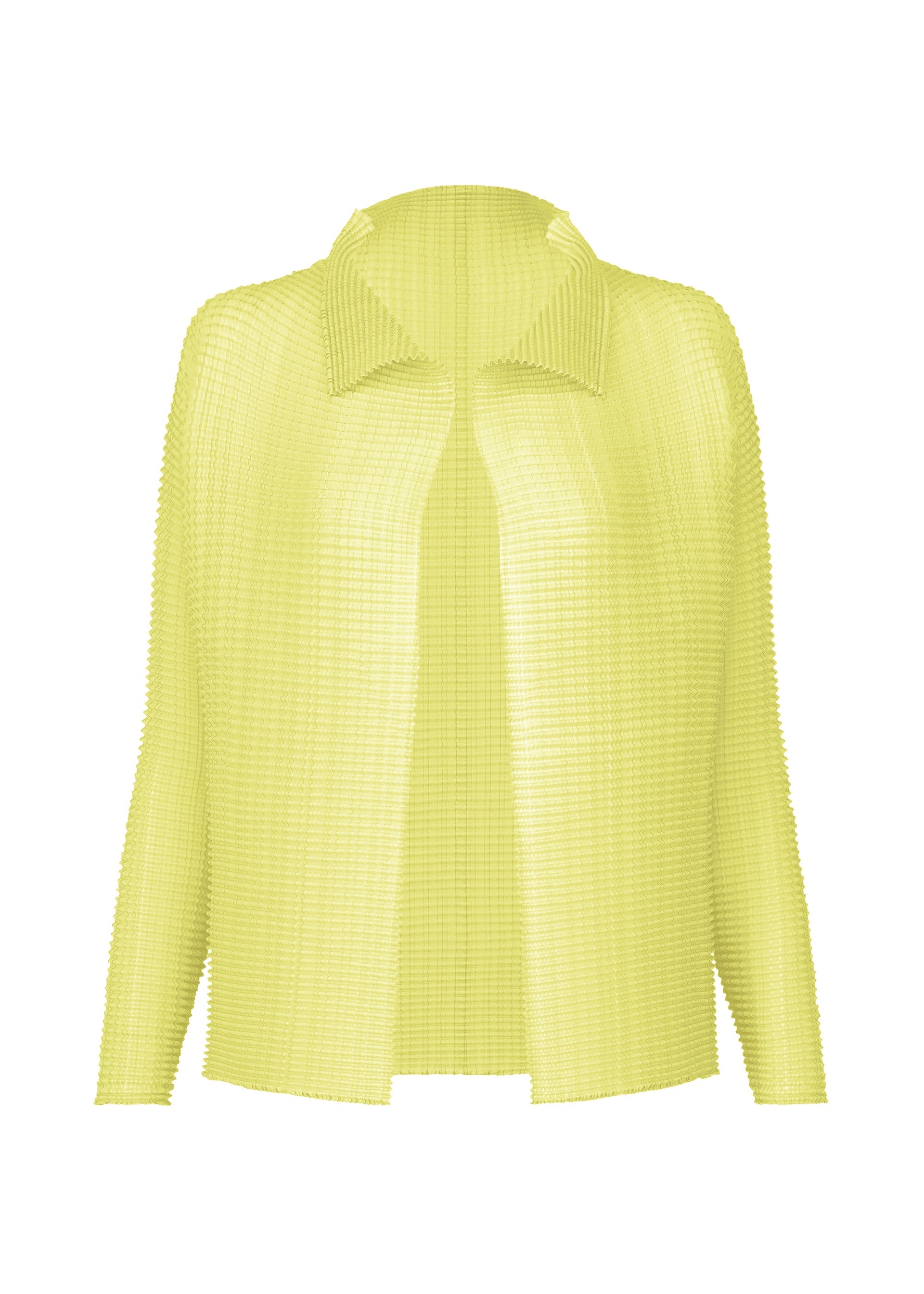 Zoomed view The WOOLY PLEATS-66 by ISSEY MIYAKE is a light yellow, long-sleeved, open-front pleated cardigan with a textured ribbed pattern and wide collar, shown against a white background. - LIGHT GREEN (no.61)