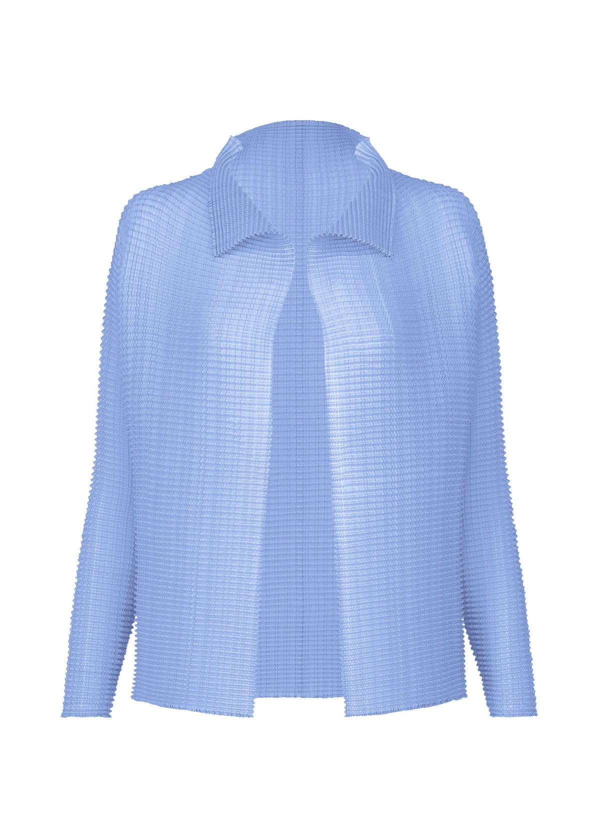 The WOOLY PLEATS-66 by ISSEY MIYAKE is a light blue, textured, long-sleeve pleated cardigan with a collar and open front, made from recycled polyester and shown against a white background. view 3 of 7