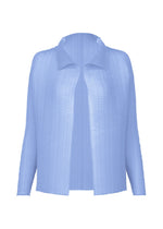 The WOOLY PLEATS-66 by ISSEY MIYAKE is a light blue, textured, long-sleeve pleated cardigan with a collar and open front, made from recycled polyester and shown against a white background. - LIGHT BLUE (no.71)