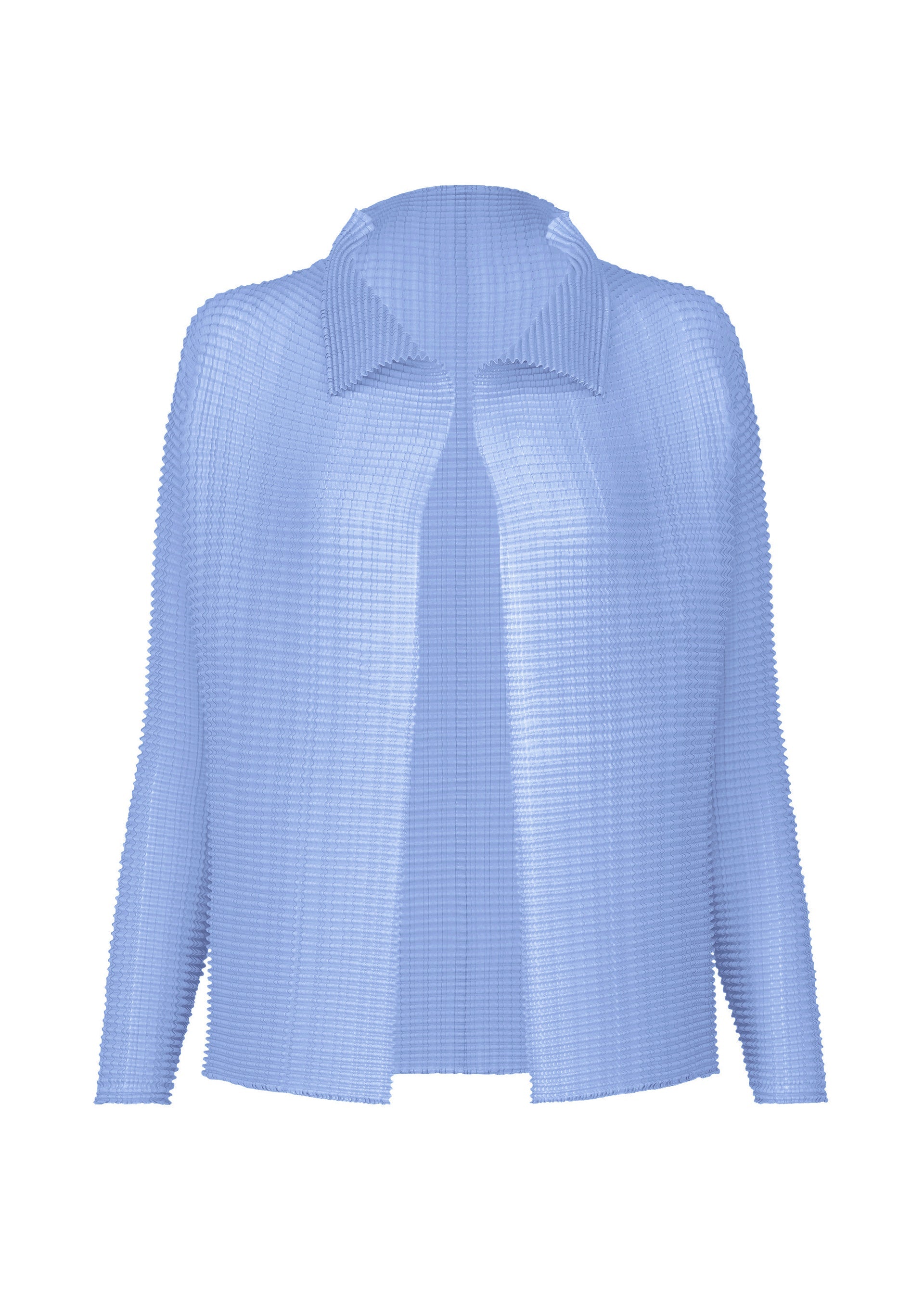 Zoomed view The WOOLY PLEATS-66 by ISSEY MIYAKE is a light blue, textured, long-sleeve pleated cardigan with a collar and open front, made from recycled polyester and shown against a white background. - LIGHT BLUE (no.71)