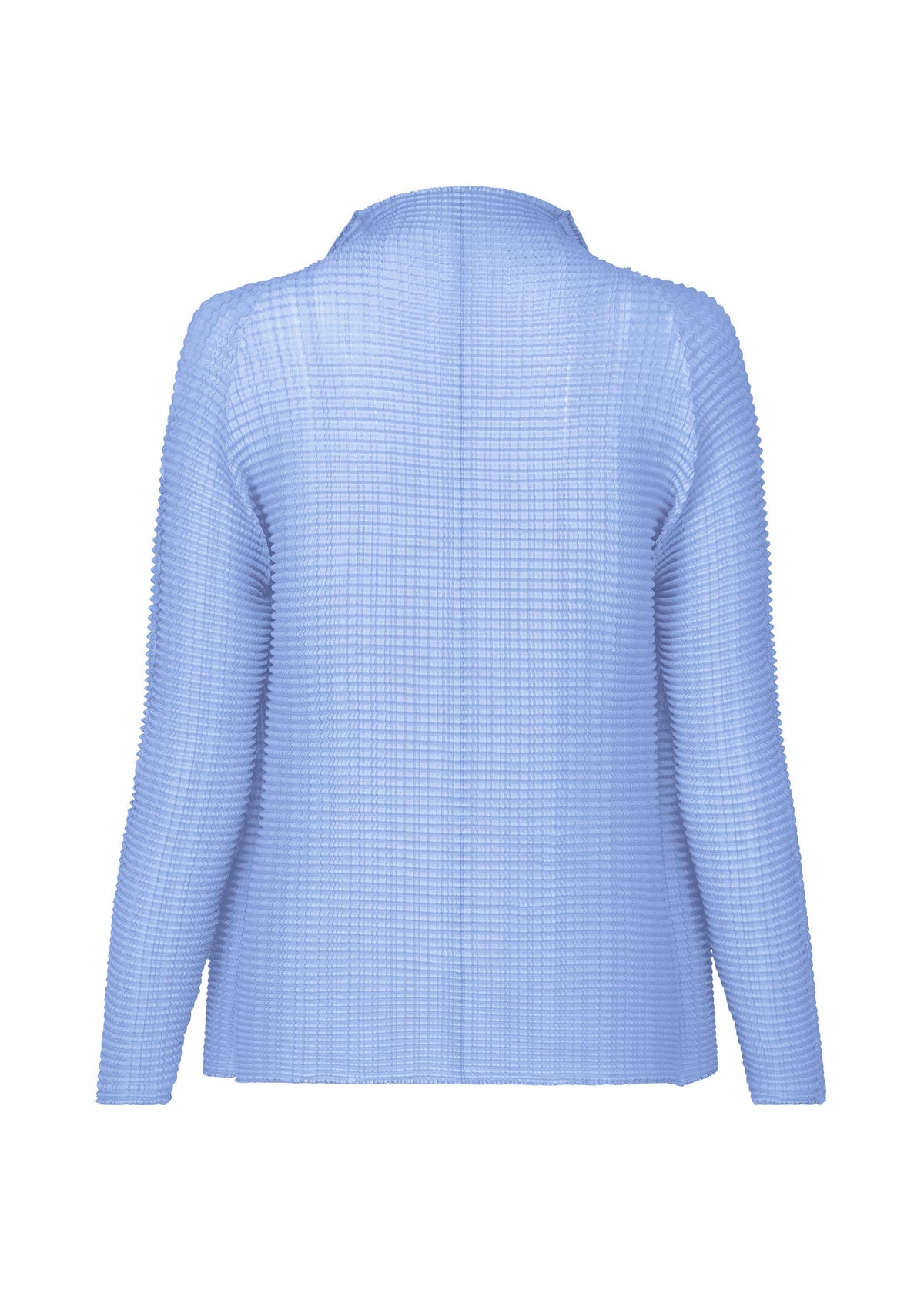The WOOLY PLEATS-66 by ISSEY MIYAKE is a light blue, long-sleeved, textured knit cardigan with a straight hem and relaxed fit, shown from the back. view 4 of 7