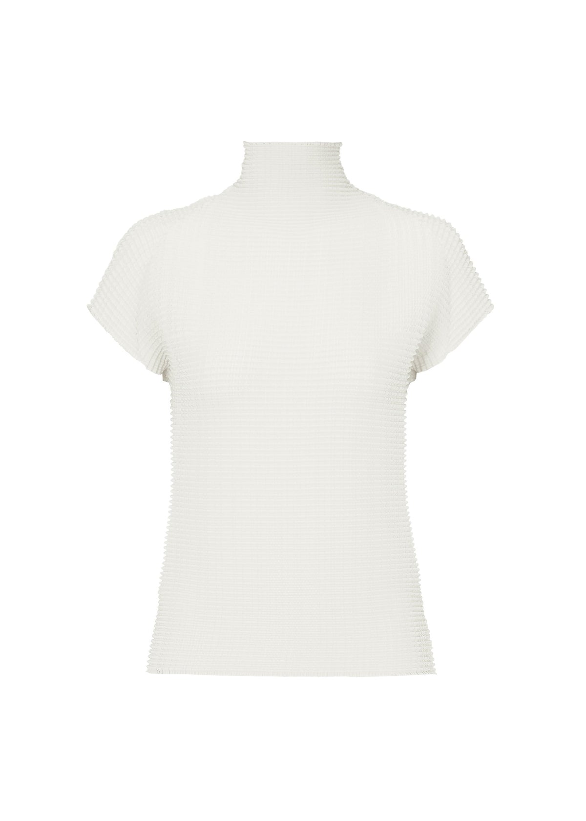 The ISSEY MIYAKE WOOLY PLEATS BK/WT-66 is a minimalist white high-neck top with French sleeves, subtle ribbed texture, and mock turtleneck, made from recycled polyester and displayed on a plain white background. view 1 of 7