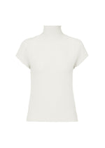 The ISSEY MIYAKE WOOLY PLEATS BK/WT-66 is a minimalist white high-neck top with French sleeves, subtle ribbed texture, and mock turtleneck, made from recycled polyester and displayed on a plain white background.