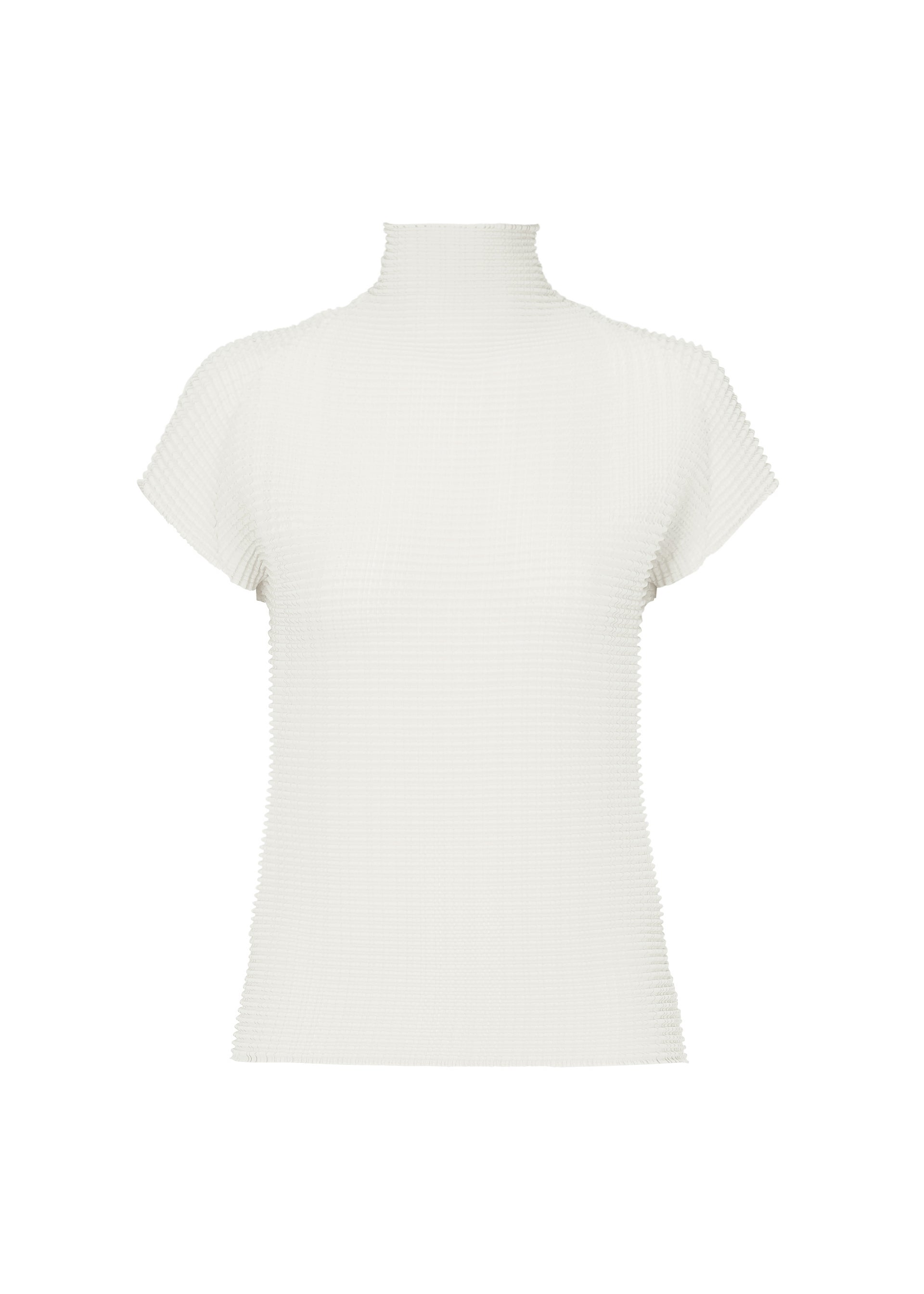 Zoomed view The ISSEY MIYAKE WOOLY PLEATS BK/WT-66 is a minimalist white high-neck top with French sleeves, subtle ribbed texture, and mock turtleneck, made from recycled polyester and displayed on a plain white background.