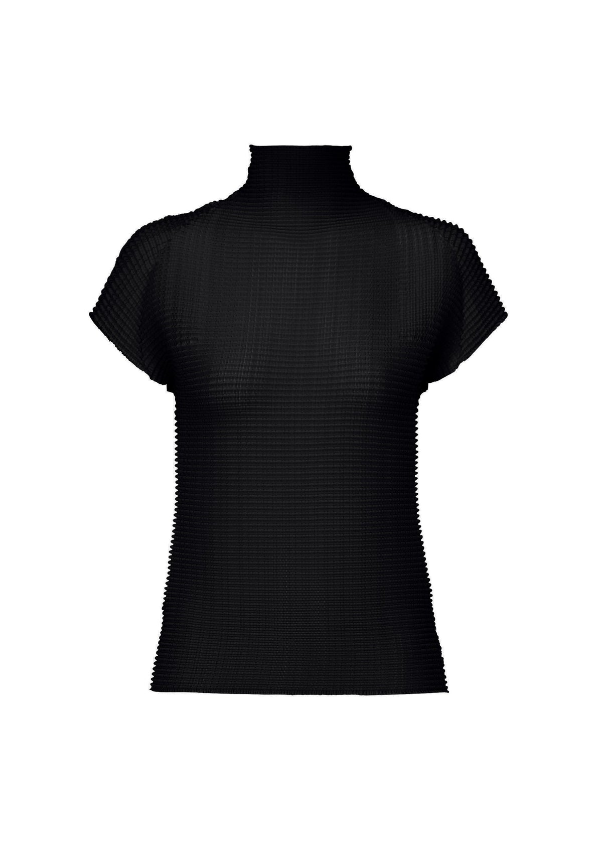The WOOLY PLEATS BK/WT-66 by ISSEY MIYAKE is a fitted black ribbed high-neck top with French sleeves, crafted from recycled polyester and displayed on a plain white background. view 7 of 7