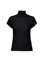 The WOOLY PLEATS BK/WT-66 by ISSEY MIYAKE is a fitted black ribbed high-neck top with French sleeves, crafted from recycled polyester and displayed on a plain white background.