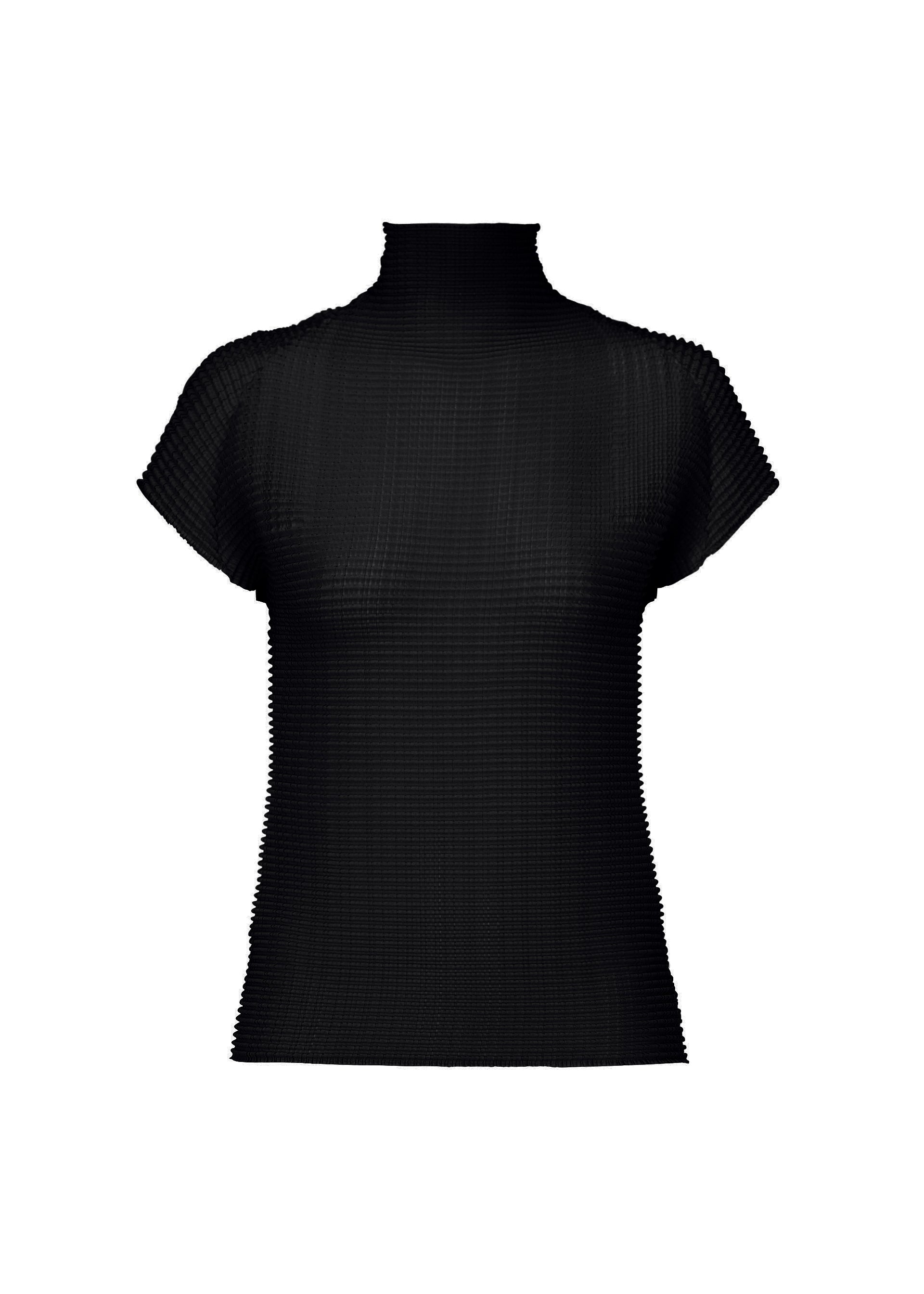 Zoomed view The WOOLY PLEATS BK/WT-66 by ISSEY MIYAKE is a fitted black ribbed high-neck top with French sleeves, crafted from recycled polyester and displayed on a plain white background.