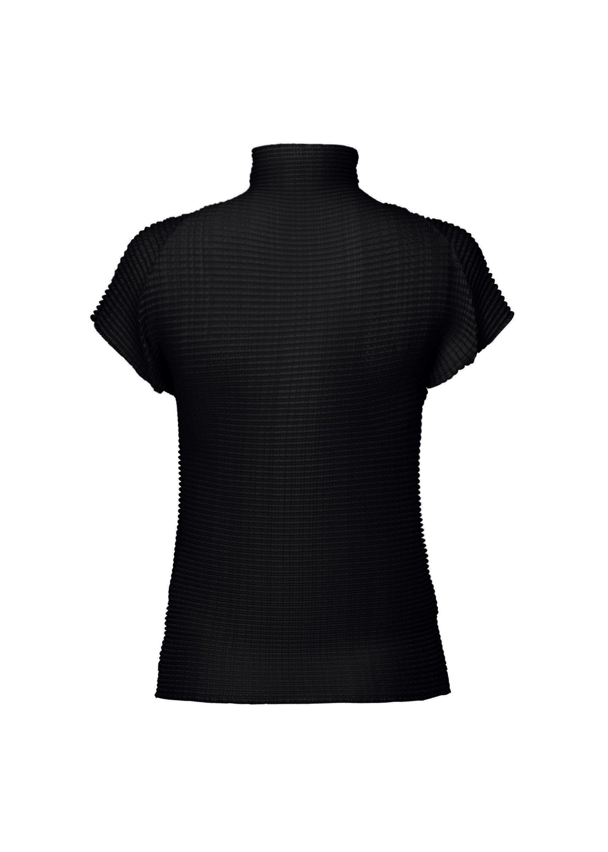 The WOOLY PLEATS BK/WT-66 by ISSEY MIYAKE is a black, ribbed high-neck top with French sleeves, made from recycled polyester and shown against a plain white background. view 3 of 7