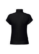 The WOOLY PLEATS BK/WT-66 by ISSEY MIYAKE is a black, ribbed high-neck top with French sleeves, made from recycled polyester and shown against a plain white background.