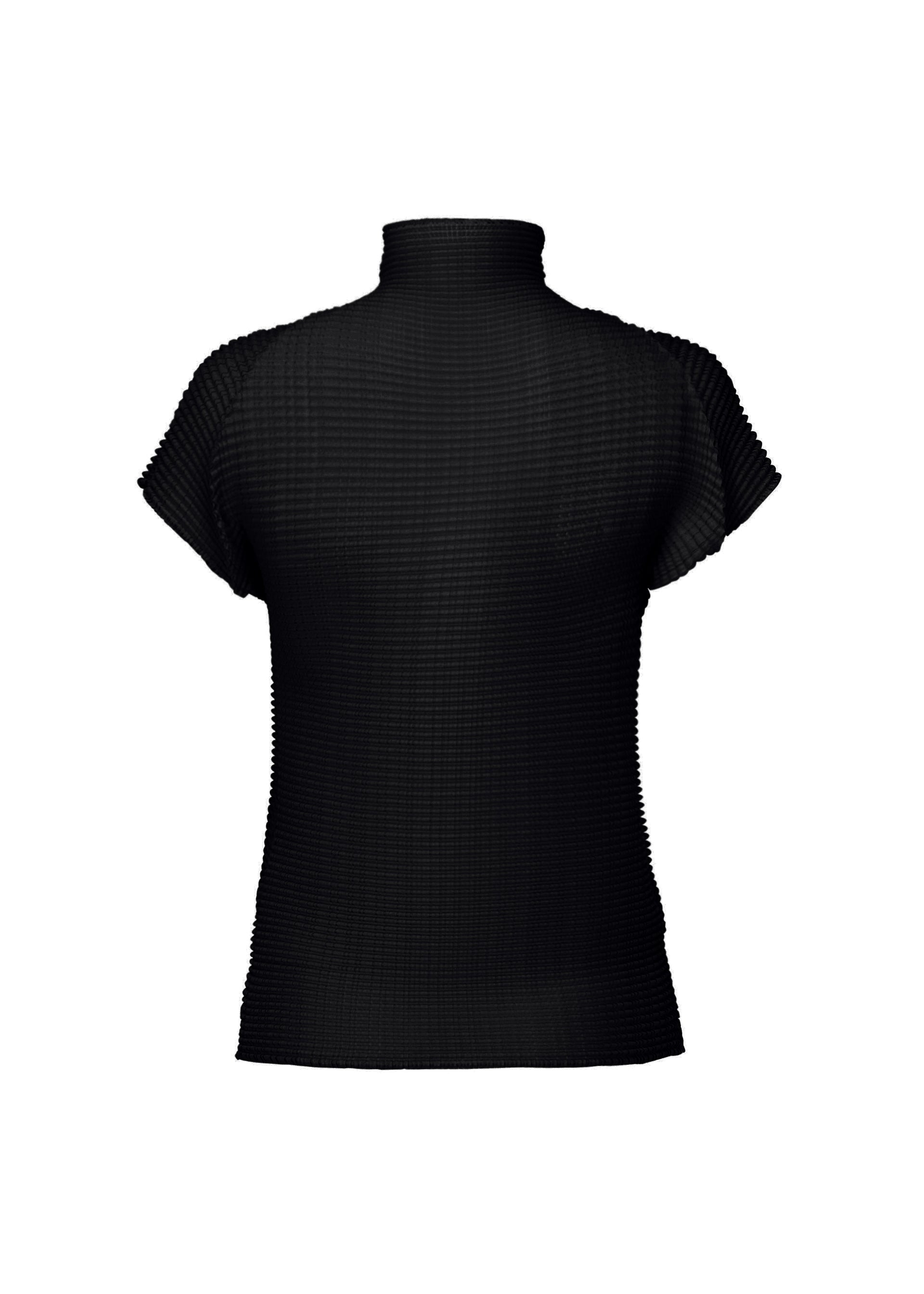 Zoomed view The WOOLY PLEATS BK/WT-66 by ISSEY MIYAKE is a black, ribbed high-neck top with French sleeves, made from recycled polyester and shown against a plain white background.
