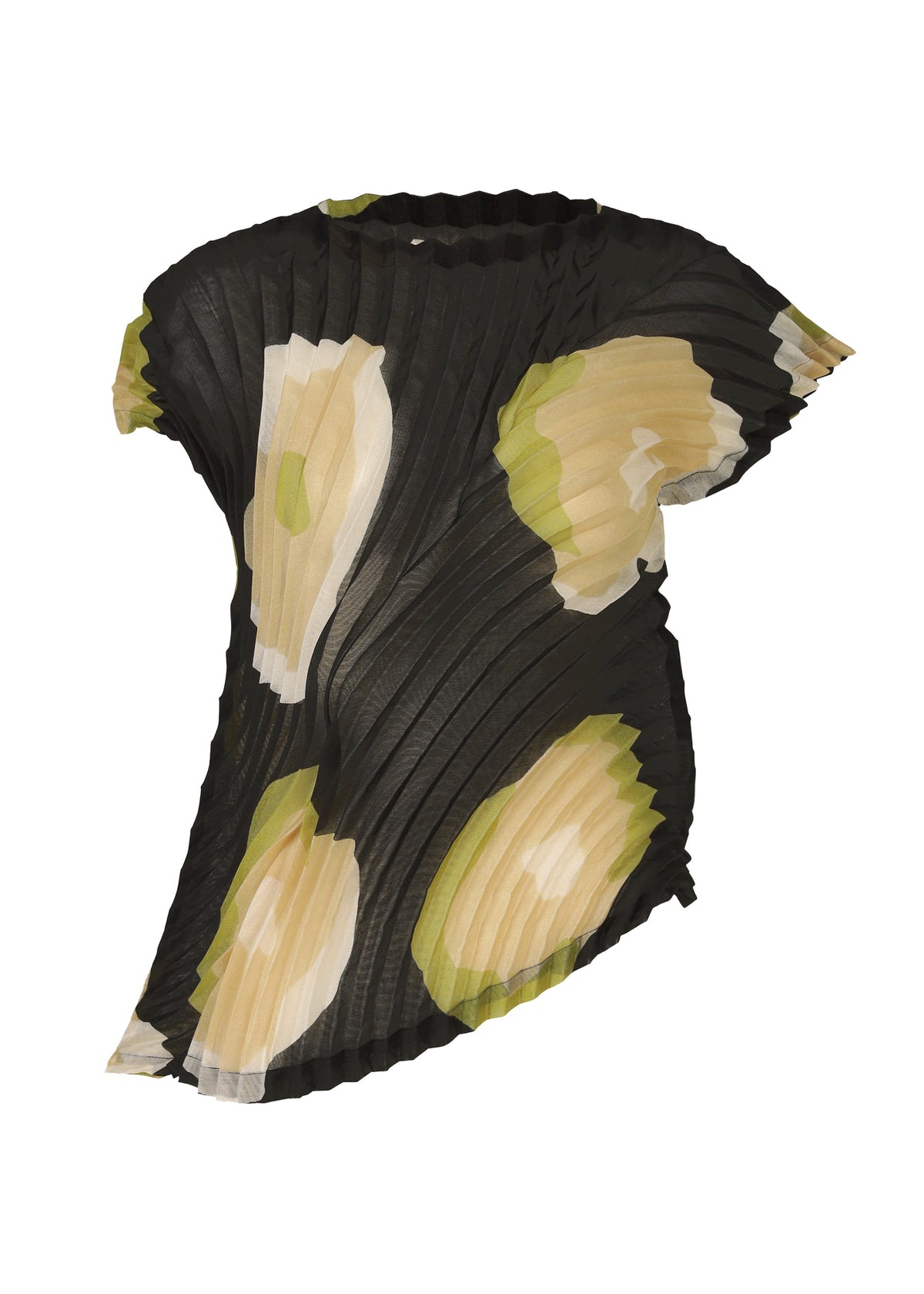 The VERVE top by ISSEY MIYAKE is a black pleated boat-neck style with short sleeves, an asymmetrical hem, and features large abstract beige and green circular floral-inspired patterns. view 1 of 8