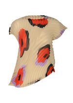 ISSEY MIYAKE's VERVE: an asymmetrical, pleated beige boat-neck top with shimmering translucent fabric, abstract red, black, and purple floral patterns, a single sleeve, and sculptural textured details. - BEIGE-HUED （no.46）