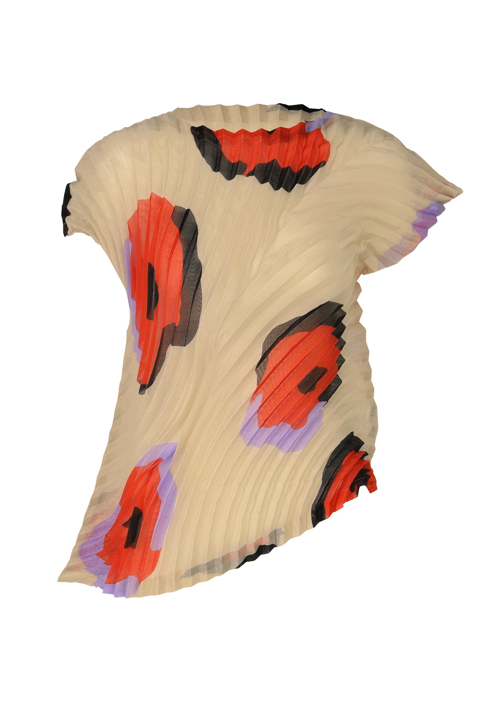 Zoomed view ISSEY MIYAKE's VERVE: an asymmetrical, pleated beige boat-neck top with shimmering translucent fabric, abstract red, black, and purple floral patterns, a single sleeve, and sculptural textured details. - BEIGE-HUED （no.46）