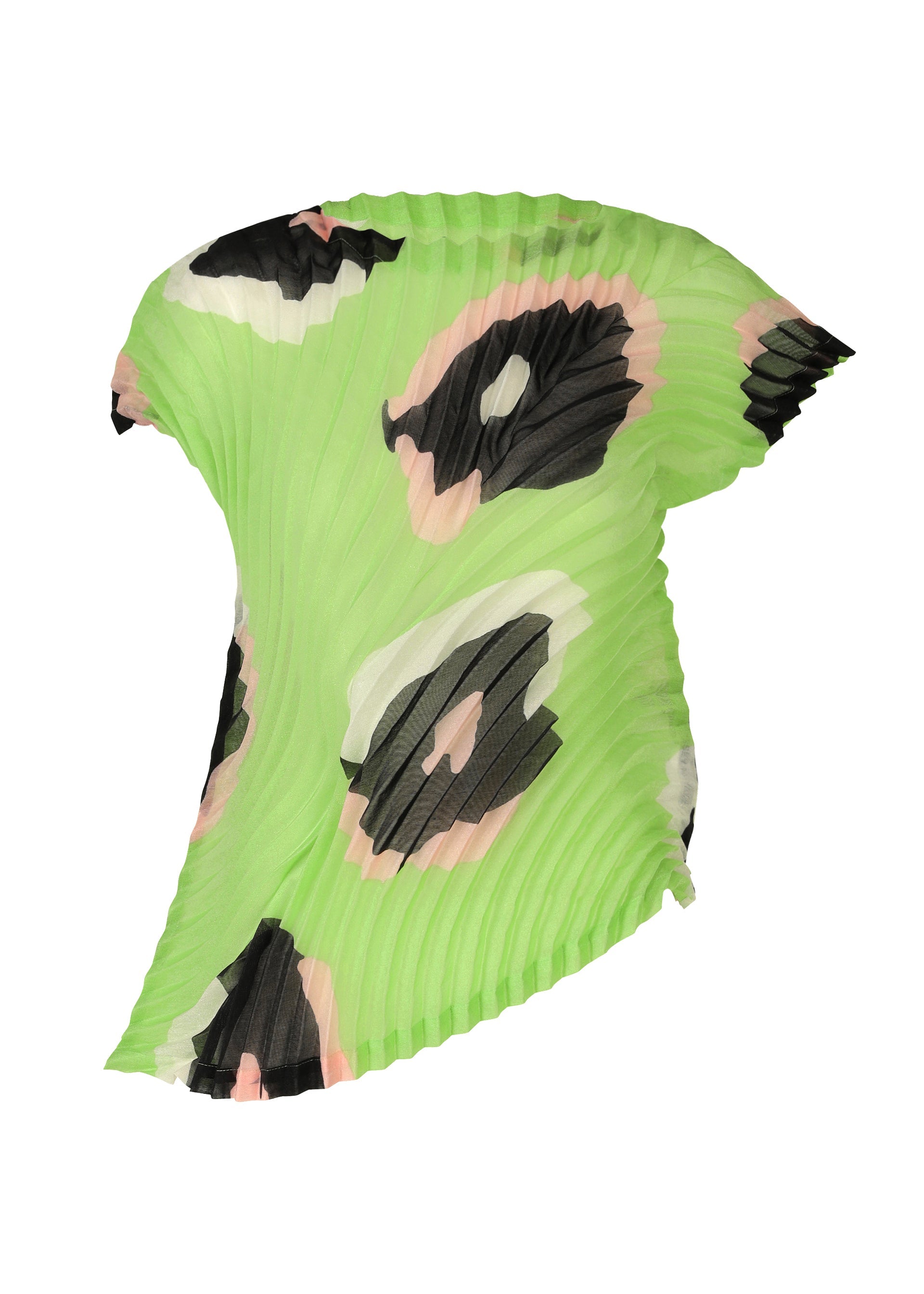 Zoomed view VERVE by ISSEY MIYAKE is a pleated, asymmetrical piece crafted from shimmering translucent fabric with a green base and large abstract black, beige, and pink spots, elegantly shaped to curve around the body. - GREEN-HUED （no.66）
