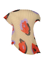 The VERVE top by ISSEY MIYAKE is a cream, pleated boat-neck design featuring bold red, lavender, and black hand-drawn floral patterns in a flowing, asymmetrical silhouette.