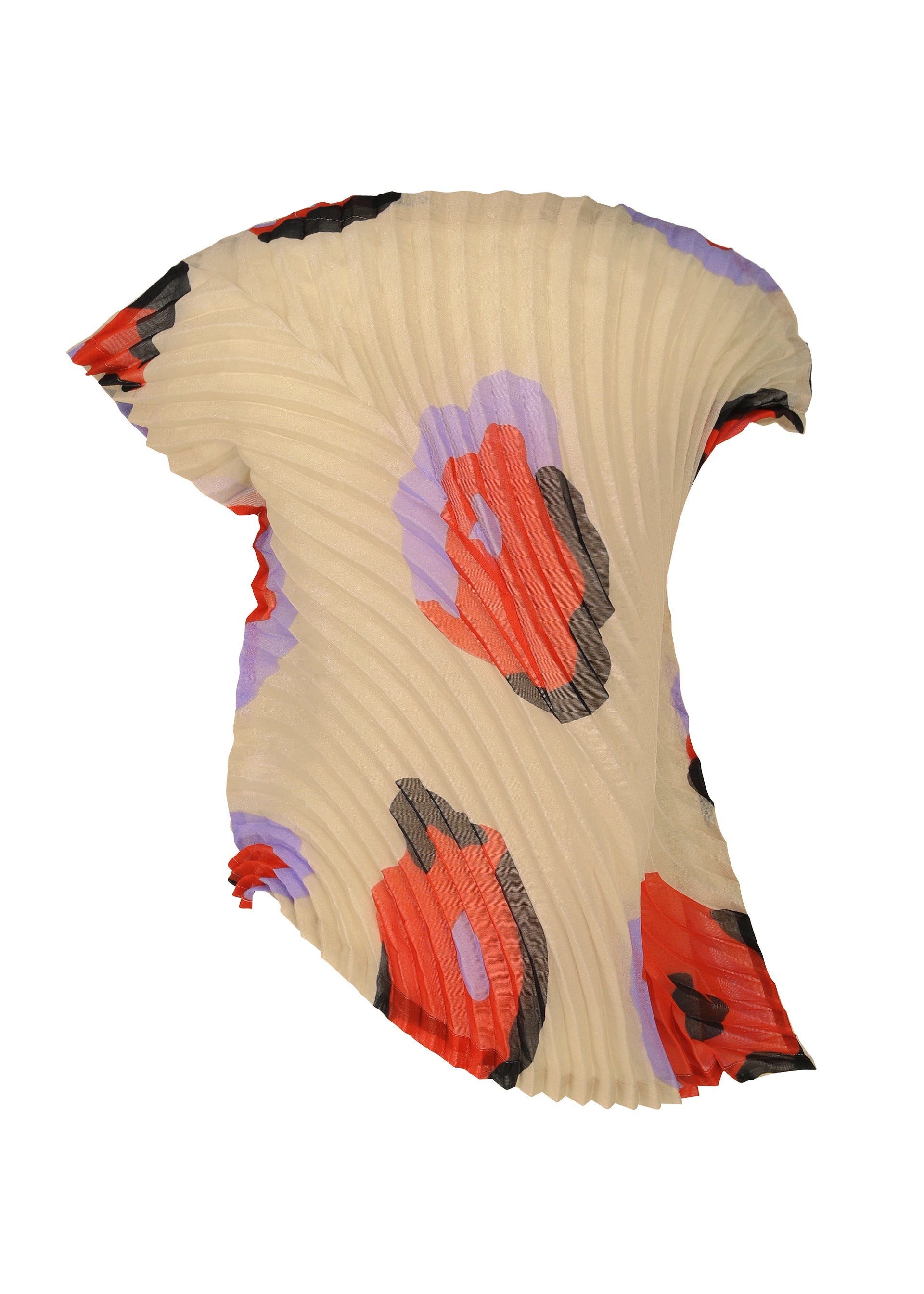 Zoomed view The VERVE top by ISSEY MIYAKE is a cream, pleated boat-neck design featuring bold red, lavender, and black hand-drawn floral patterns in a flowing, asymmetrical silhouette.