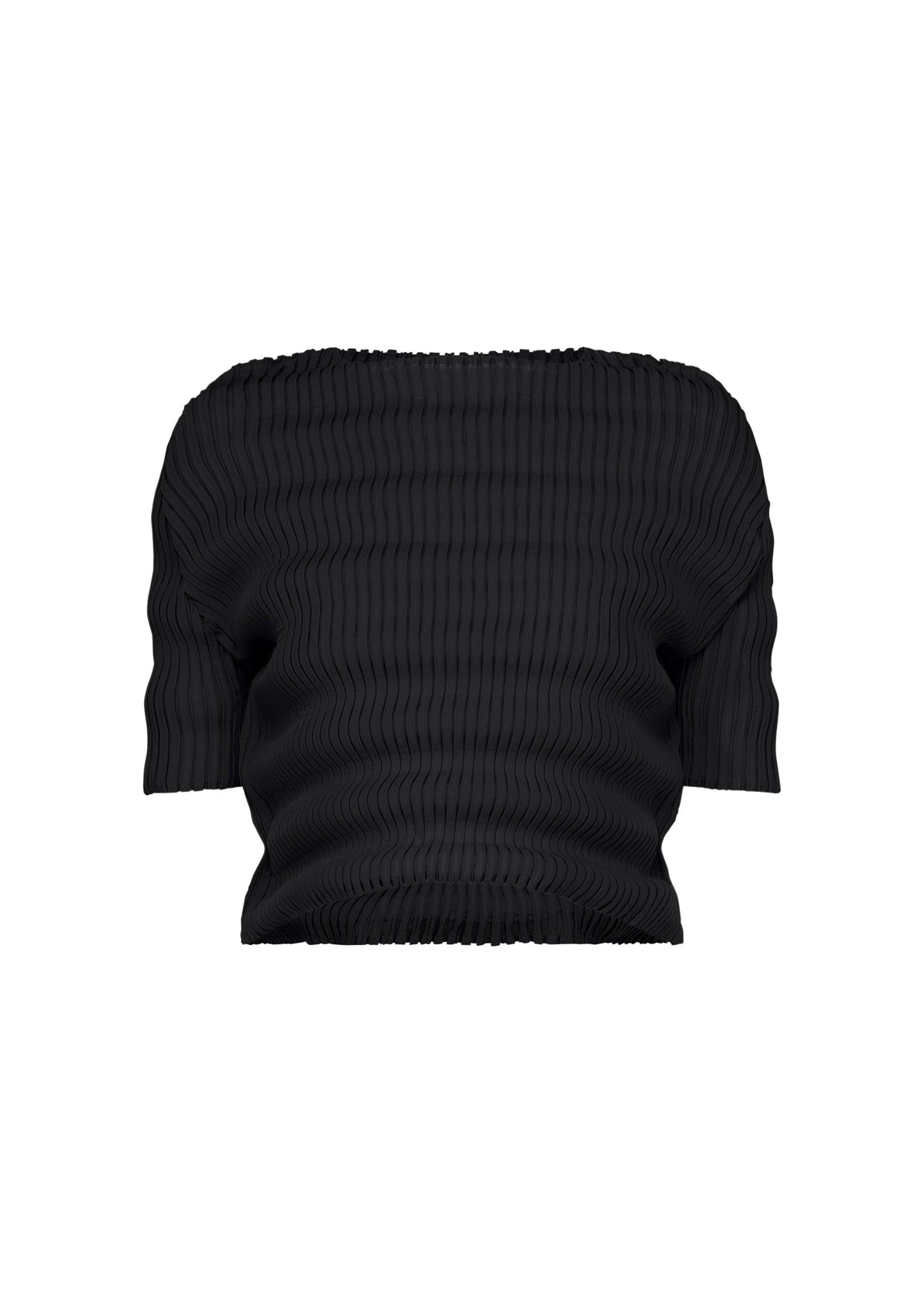 The SPRING PLEATS by ISSEY MIYAKE is a black, ribbed, off-the-shoulder short-sleeve top featuring handmade pleats and a stretchy, fitted design in high-twist polyester, shown against a plain white background. view 1 of 6