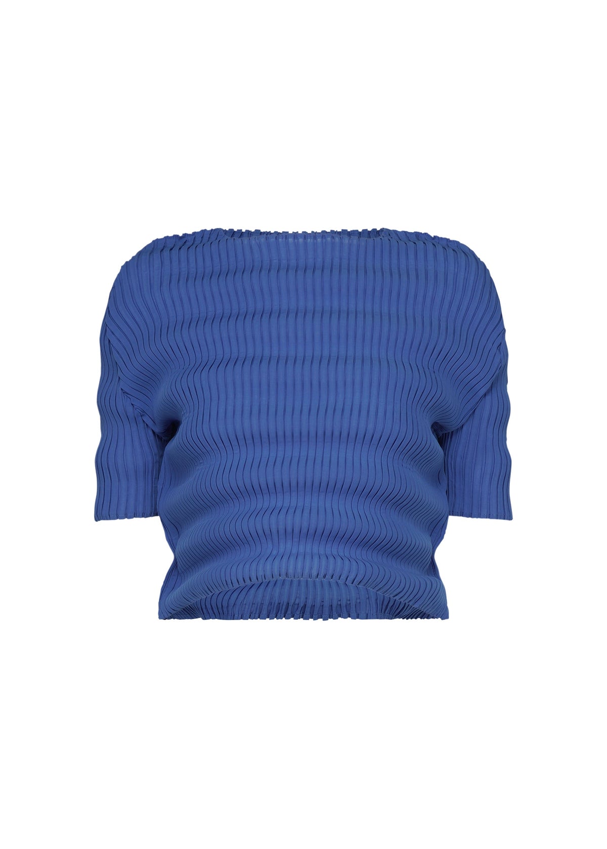 The ISSEY MIYAKE SPRING PLEATS is a blue off-the-shoulder, short-sleeve top with handmade pleats and a ribbed texture, featuring a fitted silhouette, shown on a plain white background. view 2 of 6