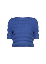 The ISSEY MIYAKE SPRING PLEATS is a blue off-the-shoulder, short-sleeve top with handmade pleats and a ribbed texture, featuring a fitted silhouette, shown on a plain white background. - STARLING BLUE （no.74）