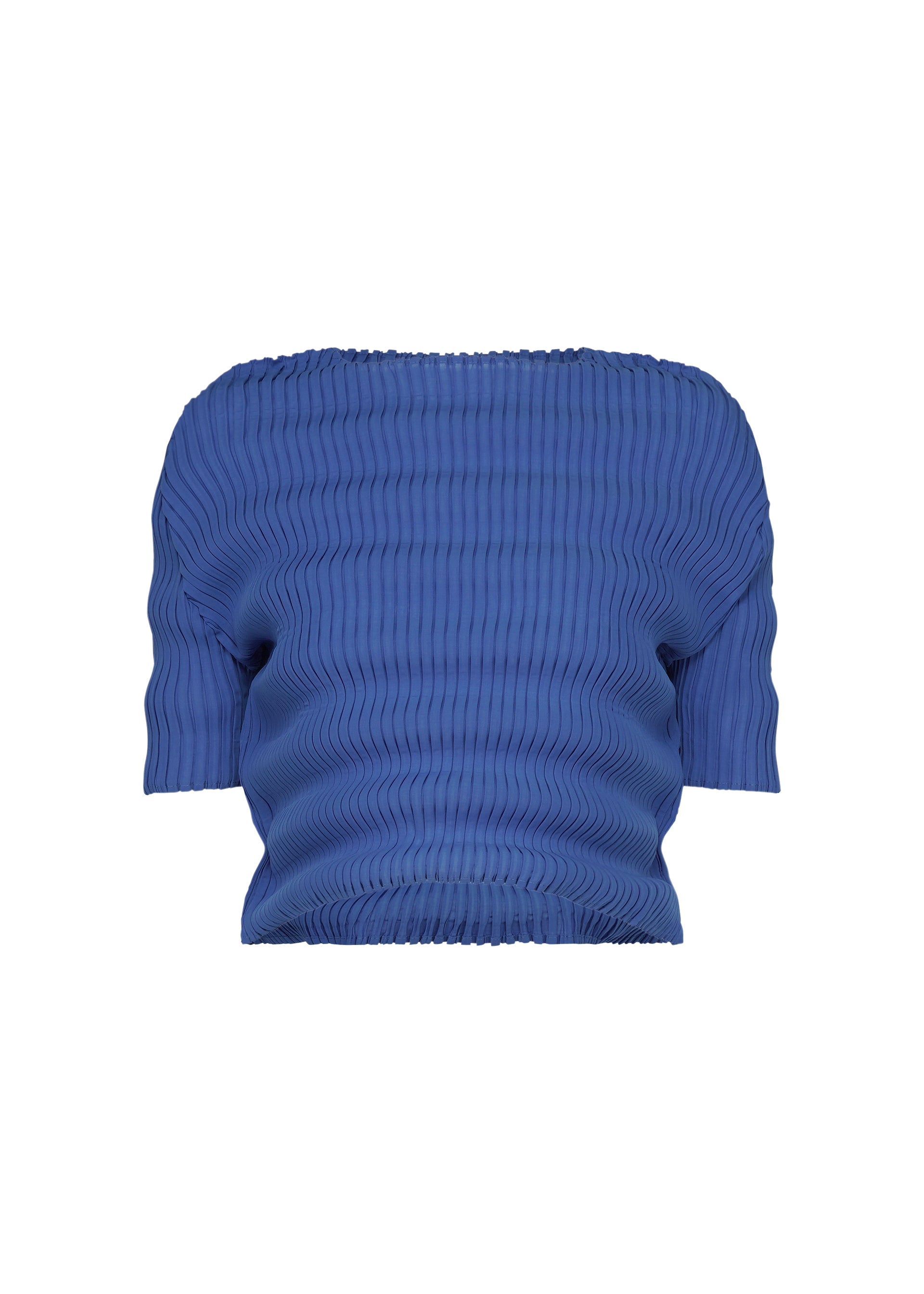 Zoomed view The ISSEY MIYAKE SPRING PLEATS is a blue off-the-shoulder, short-sleeve top with handmade pleats and a ribbed texture, featuring a fitted silhouette, shown on a plain white background. - STARLING BLUE （no.74）