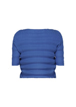 The SPRING PLEATS top by ISSEY MIYAKE is a blue, short-sleeved, off-the-shoulder piece in high-twist polyester with handmade pleats, textured fabric, and a fitted silhouette.