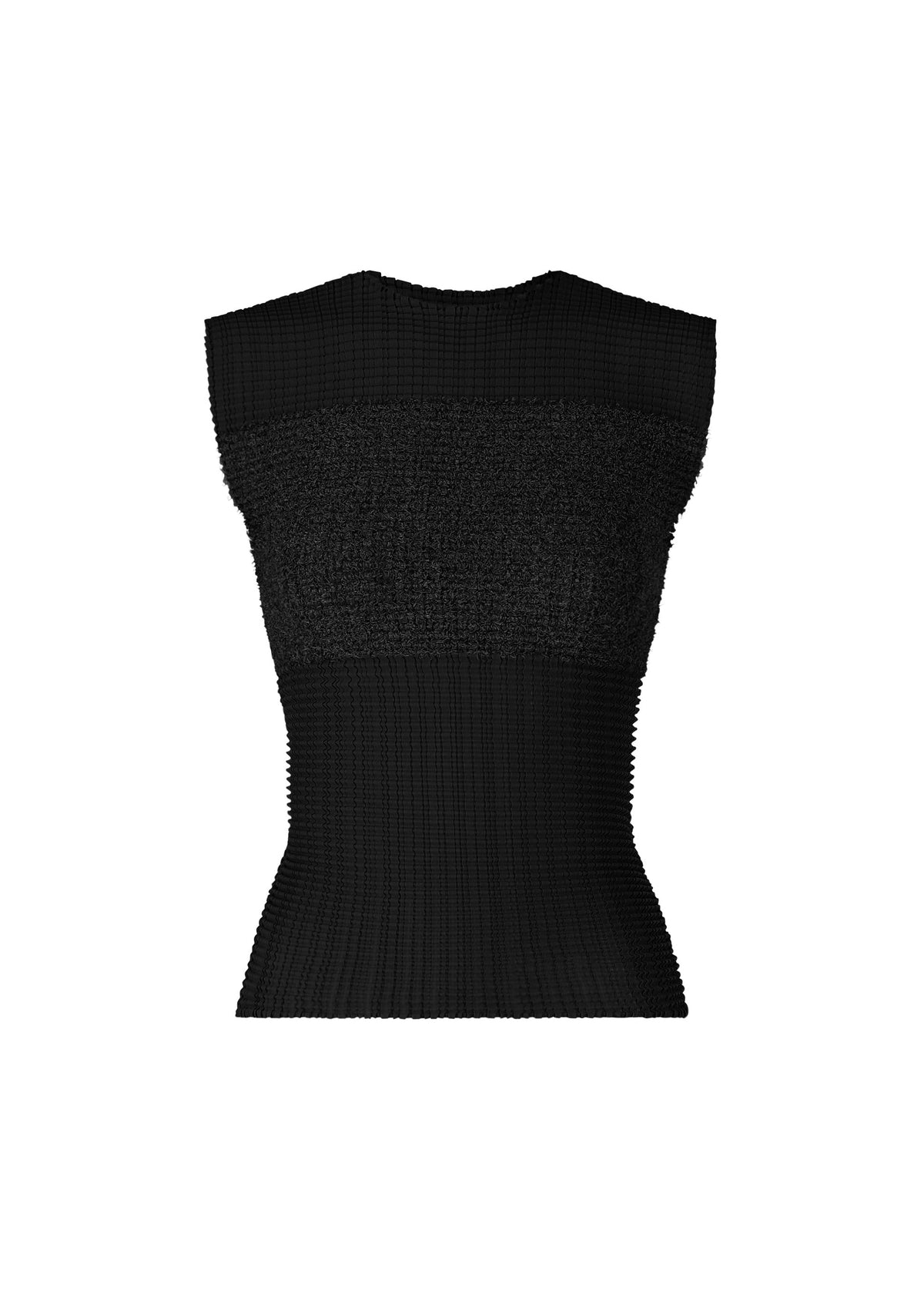 The ISSEY MIYAKE SHEER FUZZY PLEATS is a sleeveless, fitted black round-neck top with elegant textured cut-pile fabric and a sculpted silhouette, displayed on a plain white background. view 1 of 6