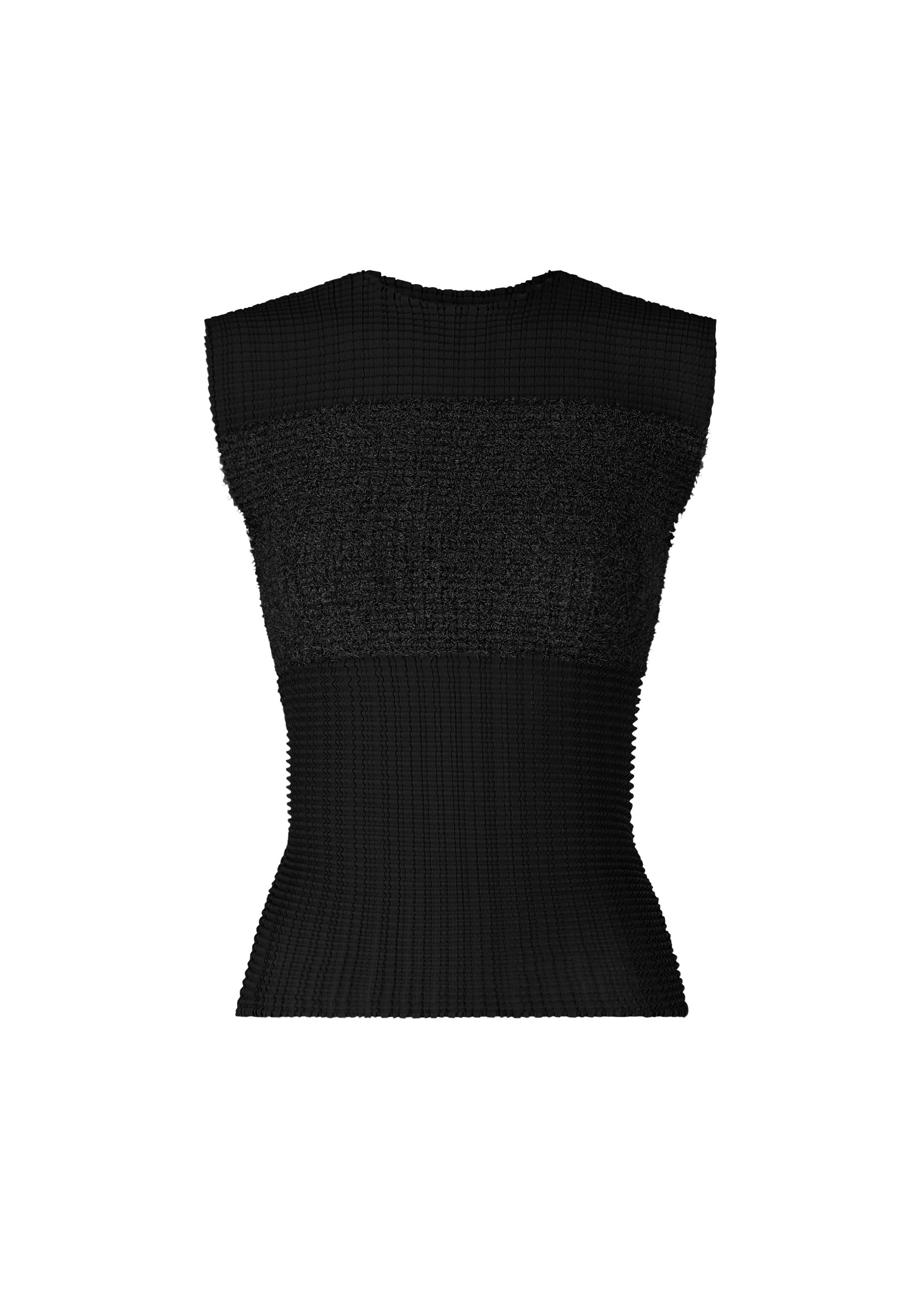 Zoomed view The ISSEY MIYAKE SHEER FUZZY PLEATS is a sleeveless, fitted black round-neck top with elegant textured cut-pile fabric and a sculpted silhouette, displayed on a plain white background. - BLACK （no.15）