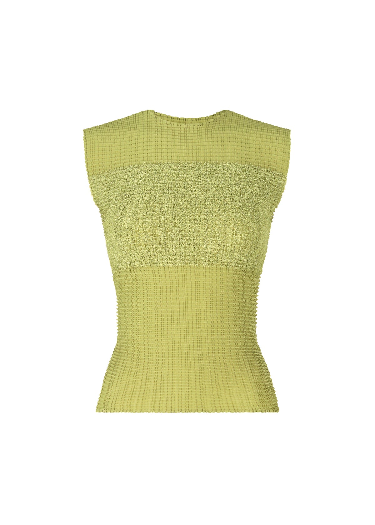 The SHEER FUZZY PLEATS top by ISSEY MIYAKE is a light green, round-neck sleeveless ribbed knit with a fitted textured design, subtle pleats, and a slightly flared hem, shown against a plain white background. view 2 of 6