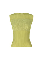 The SHEER FUZZY PLEATS top by ISSEY MIYAKE is a light green, round-neck sleeveless ribbed knit with a fitted textured design, subtle pleats, and a slightly flared hem, shown against a plain white background. - OLIVE （no.68）