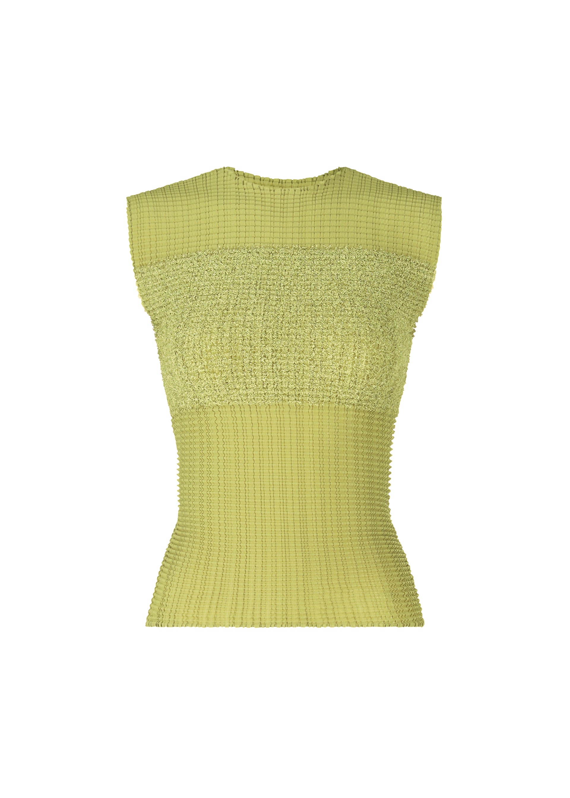 Zoomed view The SHEER FUZZY PLEATS top by ISSEY MIYAKE is a light green, round-neck sleeveless ribbed knit with a fitted textured design, subtle pleats, and a slightly flared hem, shown against a plain white background. - OLIVE （no.68）