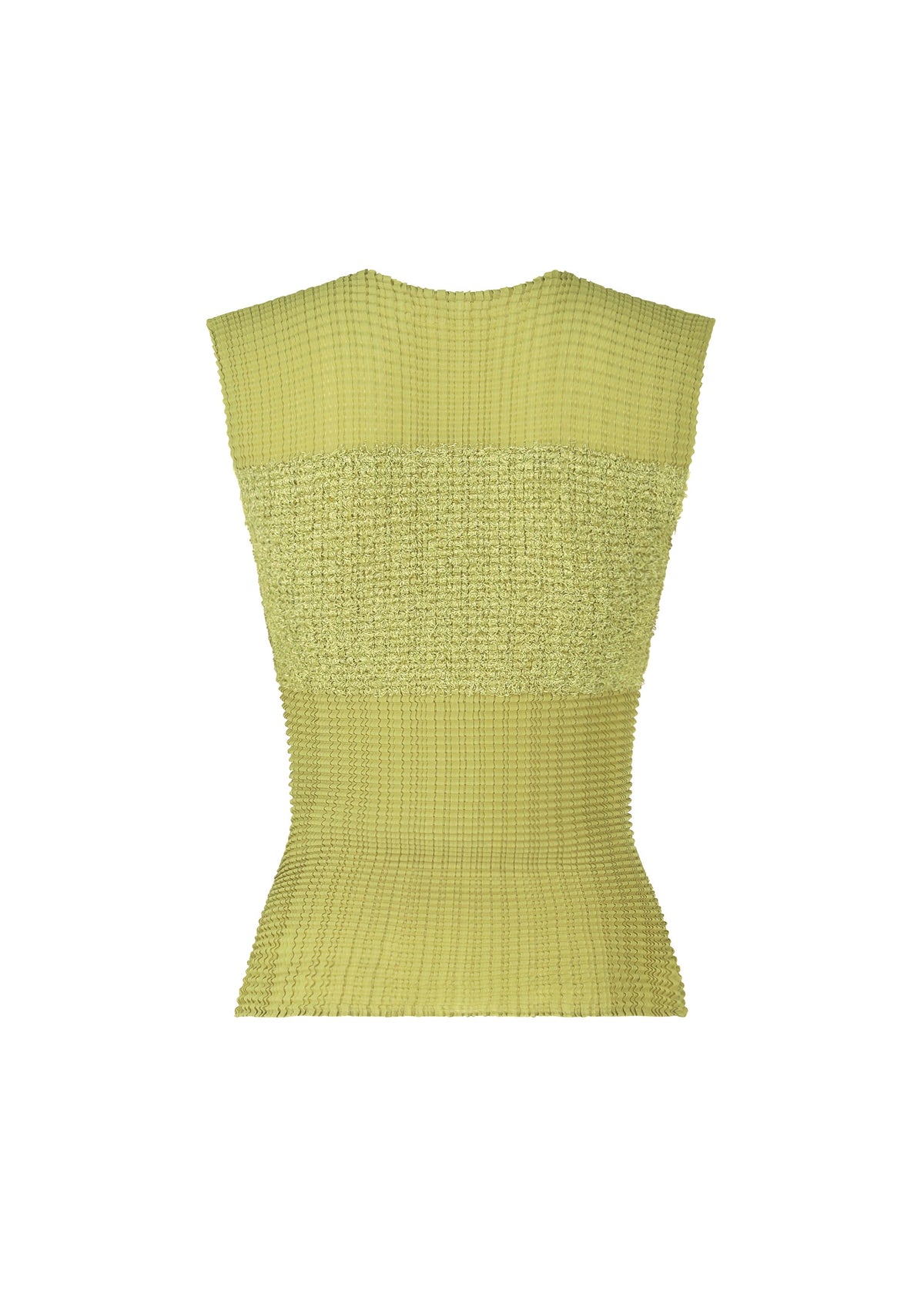 The SHEER FUZZY PLEATS top by ISSEY MIYAKE is a sleeveless, light yellow, round-neck knit with wide shoulders, subtle pleating, and a fitted waist, shown against a plain white background. view 3 of 6