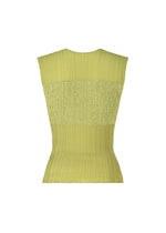 The SHEER FUZZY PLEATS top by ISSEY MIYAKE is a sleeveless, light yellow, round-neck knit with wide shoulders, subtle pleating, and a fitted waist, shown against a plain white background.