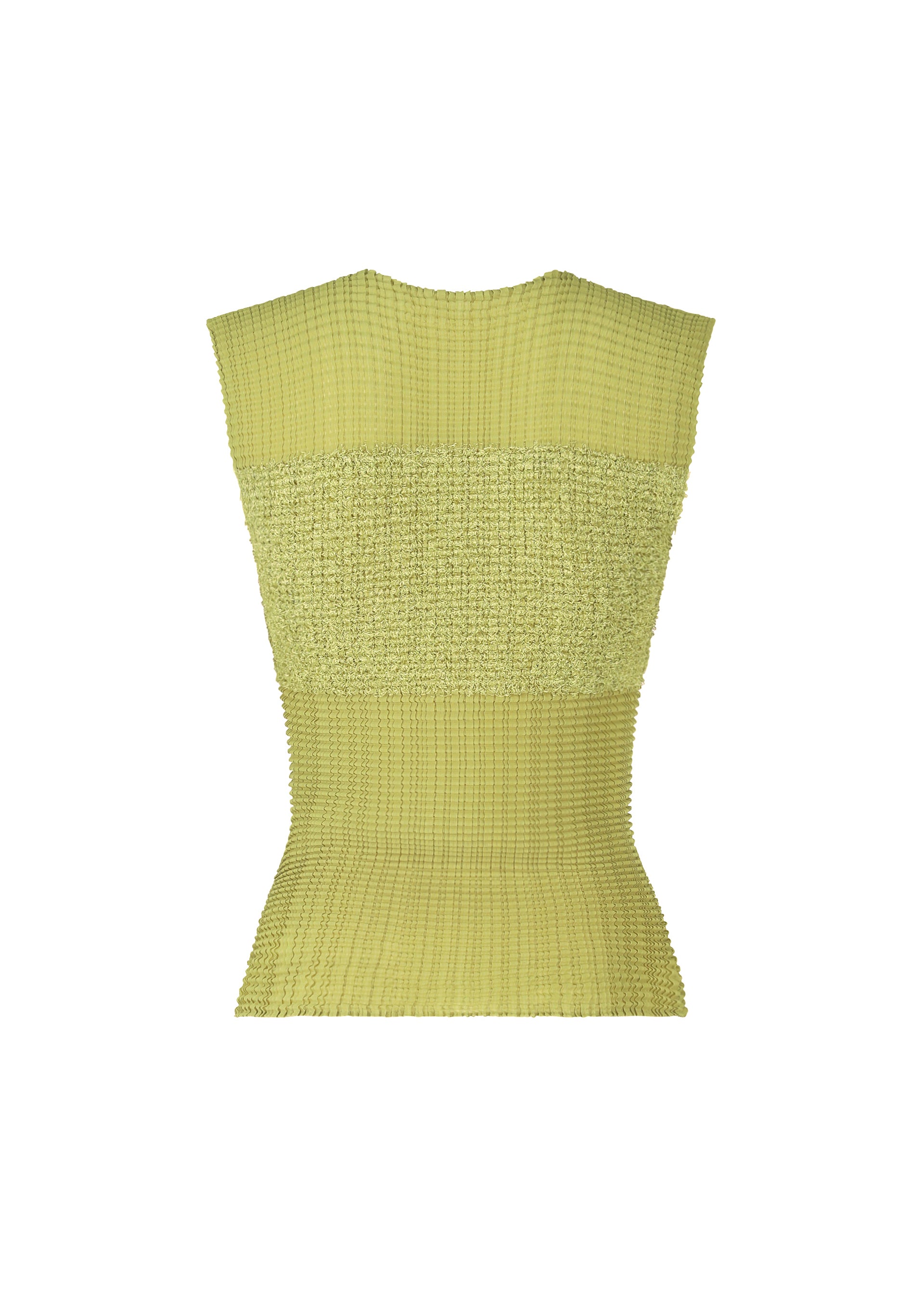 Zoomed view The SHEER FUZZY PLEATS top by ISSEY MIYAKE is a sleeveless, light yellow, round-neck knit with wide shoulders, subtle pleating, and a fitted waist, shown against a plain white background.