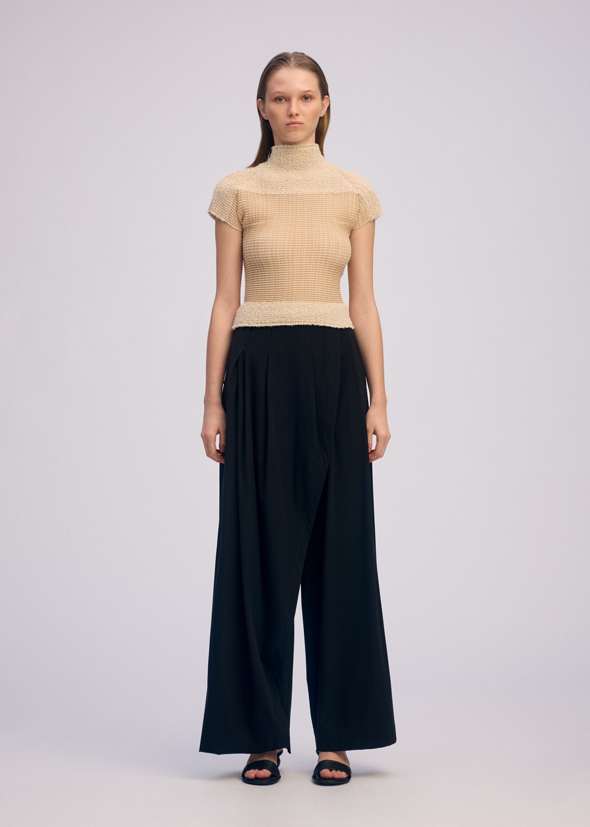 Zoomed view A woman stands facing forward against a plain light background, wearing ISSEY MIYAKE's SHEER FUZZY PLEATS: a beige high-neck top and loose-fitting black wide-leg pants paired with black sandals.