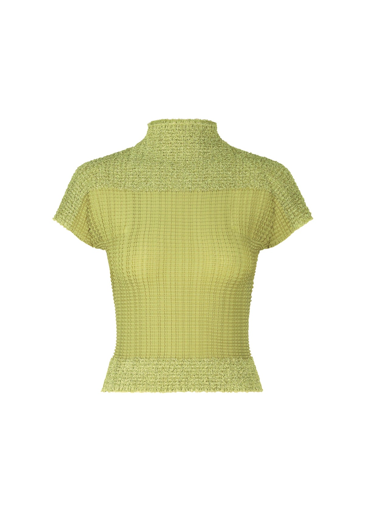 The SHEER FUZZY PLEATS by ISSEY MIYAKE is a light green French-sleeved knit top with a high neckline, textured pattern, and ribbed edges at the hem, sleeves, and neck. Shown on a plain white background. view 2 of 7