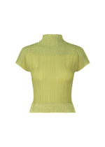 The SHEER FUZZY PLEATS by ISSEY MIYAKE is a light green French-sleeved knit top with a high neckline, textured pattern, and ribbed edges at the hem, sleeves, and neck. Shown on a plain white background. - OLIVE （no.68）