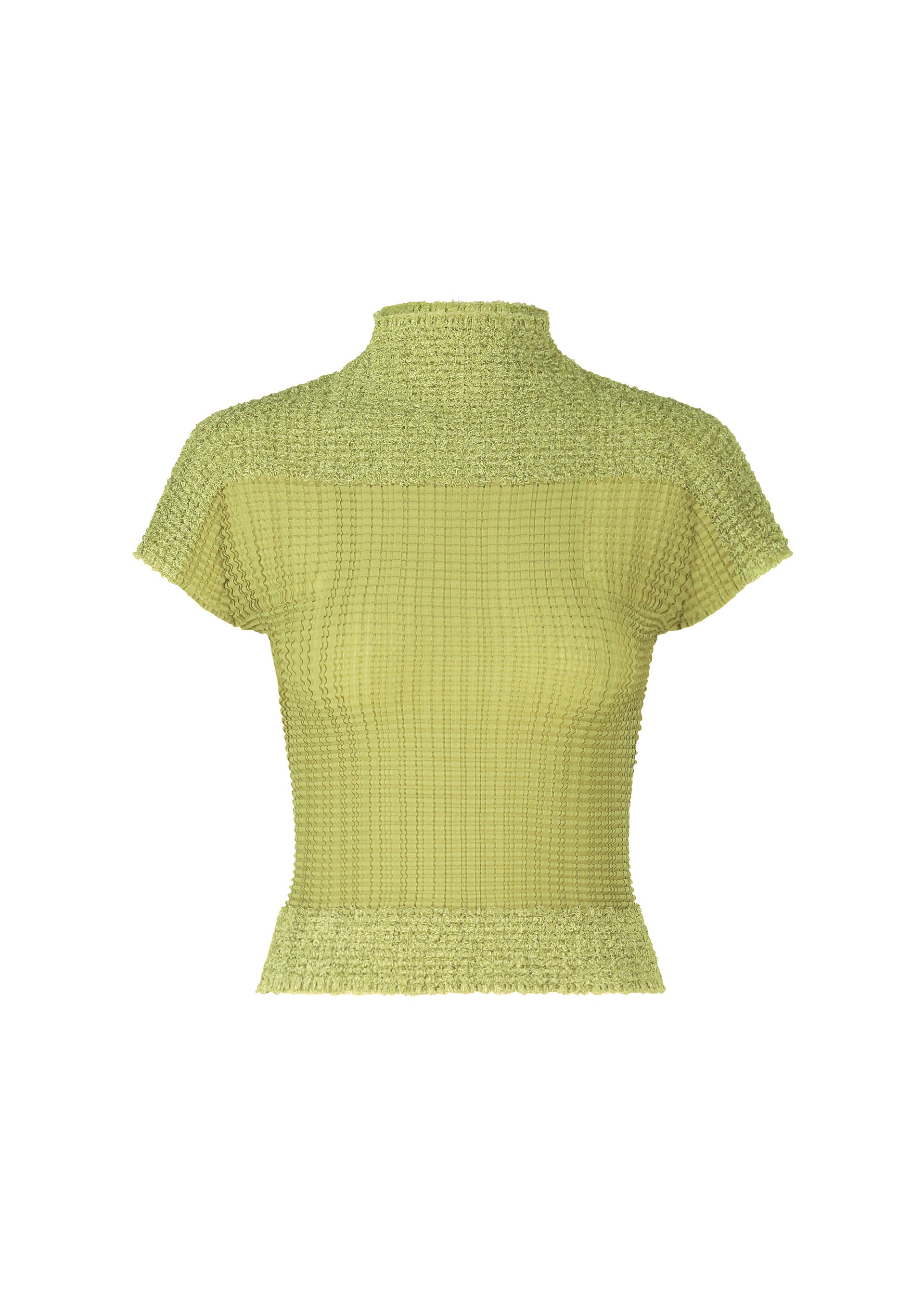 Zoomed view The SHEER FUZZY PLEATS by ISSEY MIYAKE is a light green French-sleeved knit top with a high neckline, textured pattern, and ribbed edges at the hem, sleeves, and neck. Shown on a plain white background. - OLIVE （no.68）