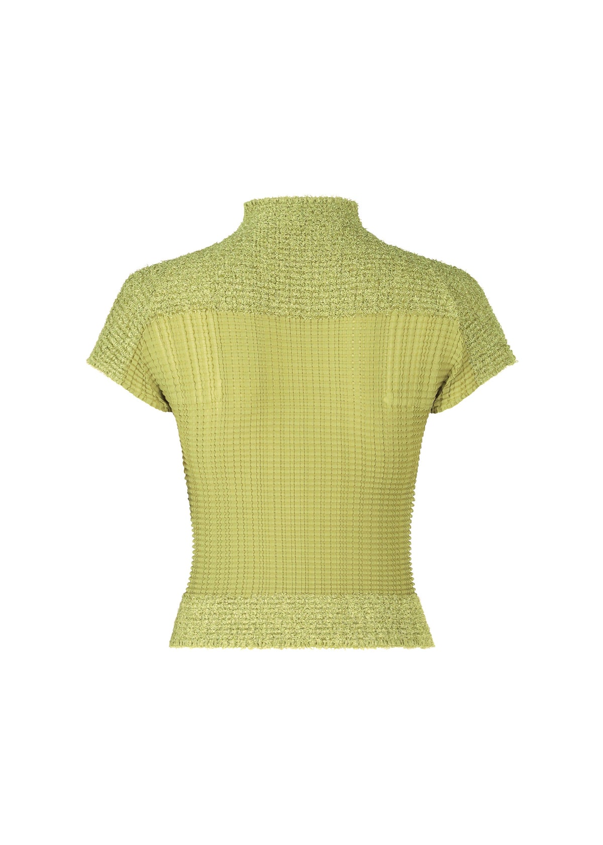 The image shows the back of the ISSEY MIYAKE SHEER FUZZY PLEATS top in light green—a French-sleeved knit with a mock neck. Its ribbed, grid-like textured pattern creates a fitted silhouette in cut-pile fabric. view 3 of 7