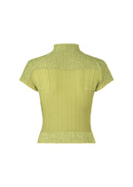 The image shows the back of the ISSEY MIYAKE SHEER FUZZY PLEATS top in light green—a French-sleeved knit with a mock neck. Its ribbed, grid-like textured pattern creates a fitted silhouette in cut-pile fabric.