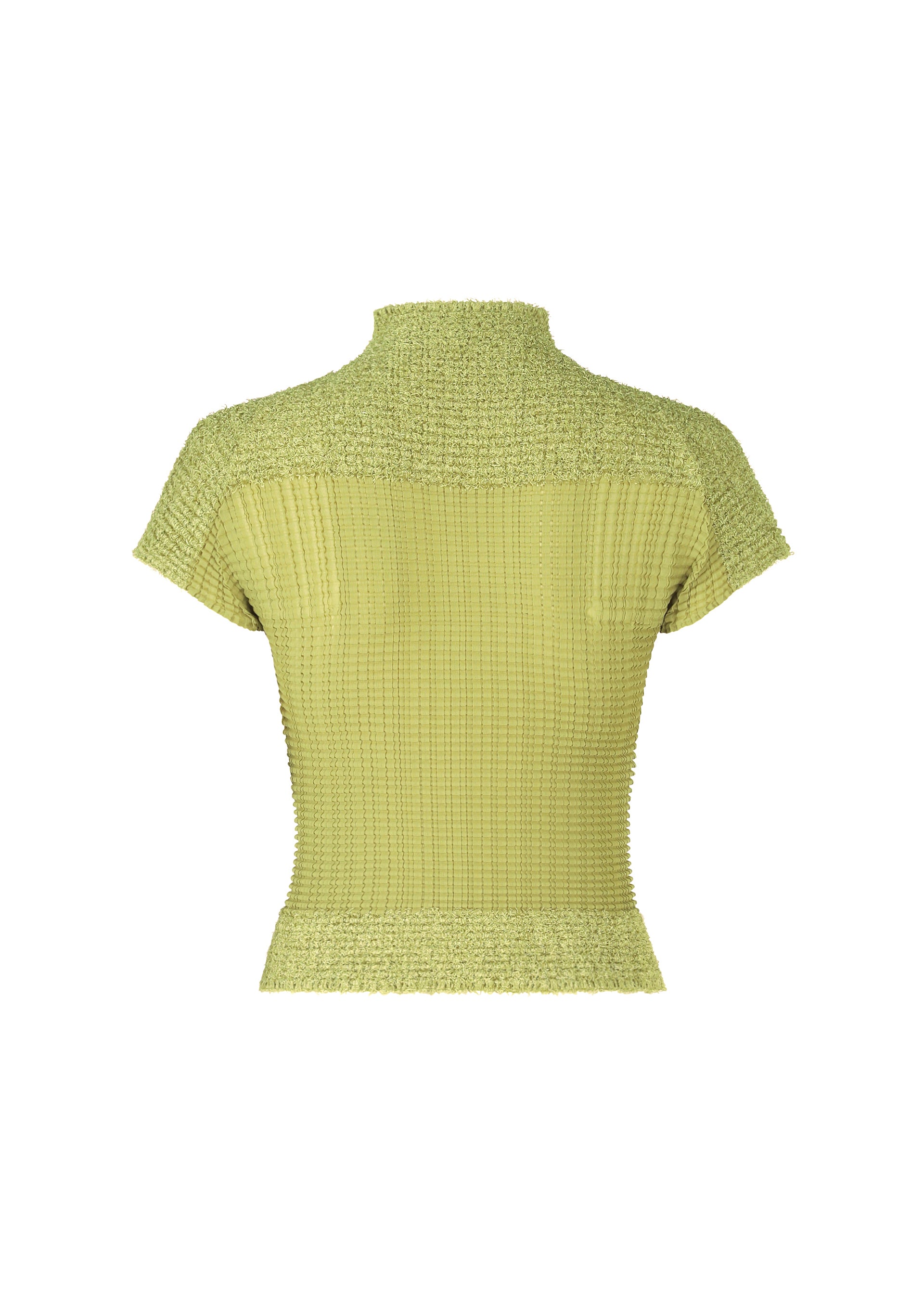 Zoomed view The image shows the back of the ISSEY MIYAKE SHEER FUZZY PLEATS top in light green—a French-sleeved knit with a mock neck. Its ribbed, grid-like textured pattern creates a fitted silhouette in cut-pile fabric.