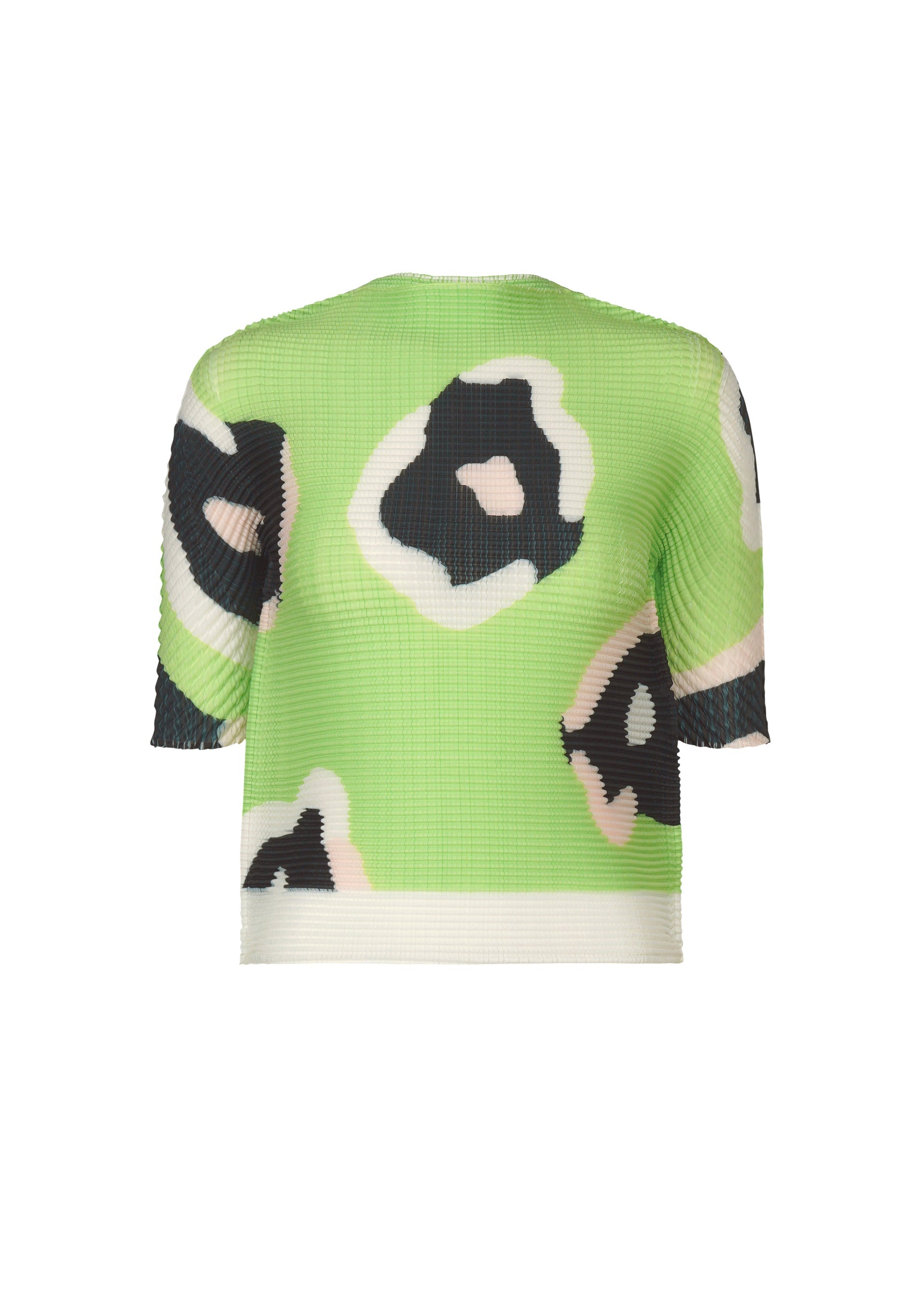 Zoomed view The ISSEY MIYAKE VERVE PLEATS TOP is a short-sleeved green floral print top with an abstract black, white, and beige design, featuring a straight hem and modern minimalistic style—ideal for everyday wear. - GREEN-HUED （no.66）